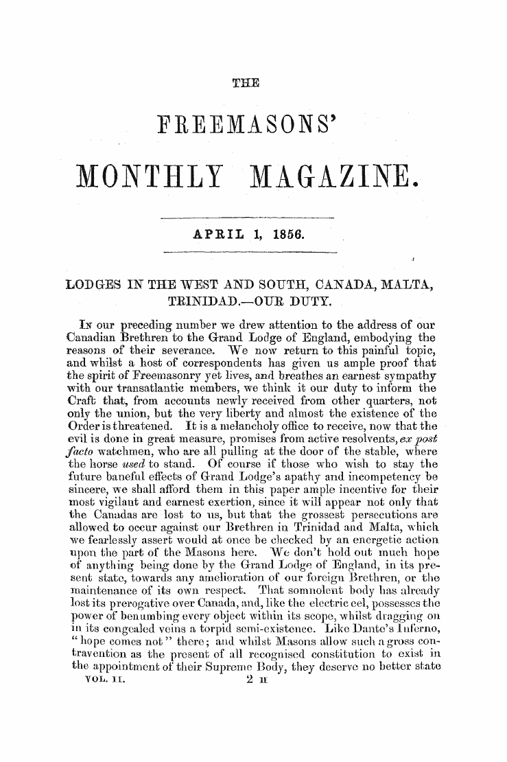The Freemasons' Monthly Magazine
