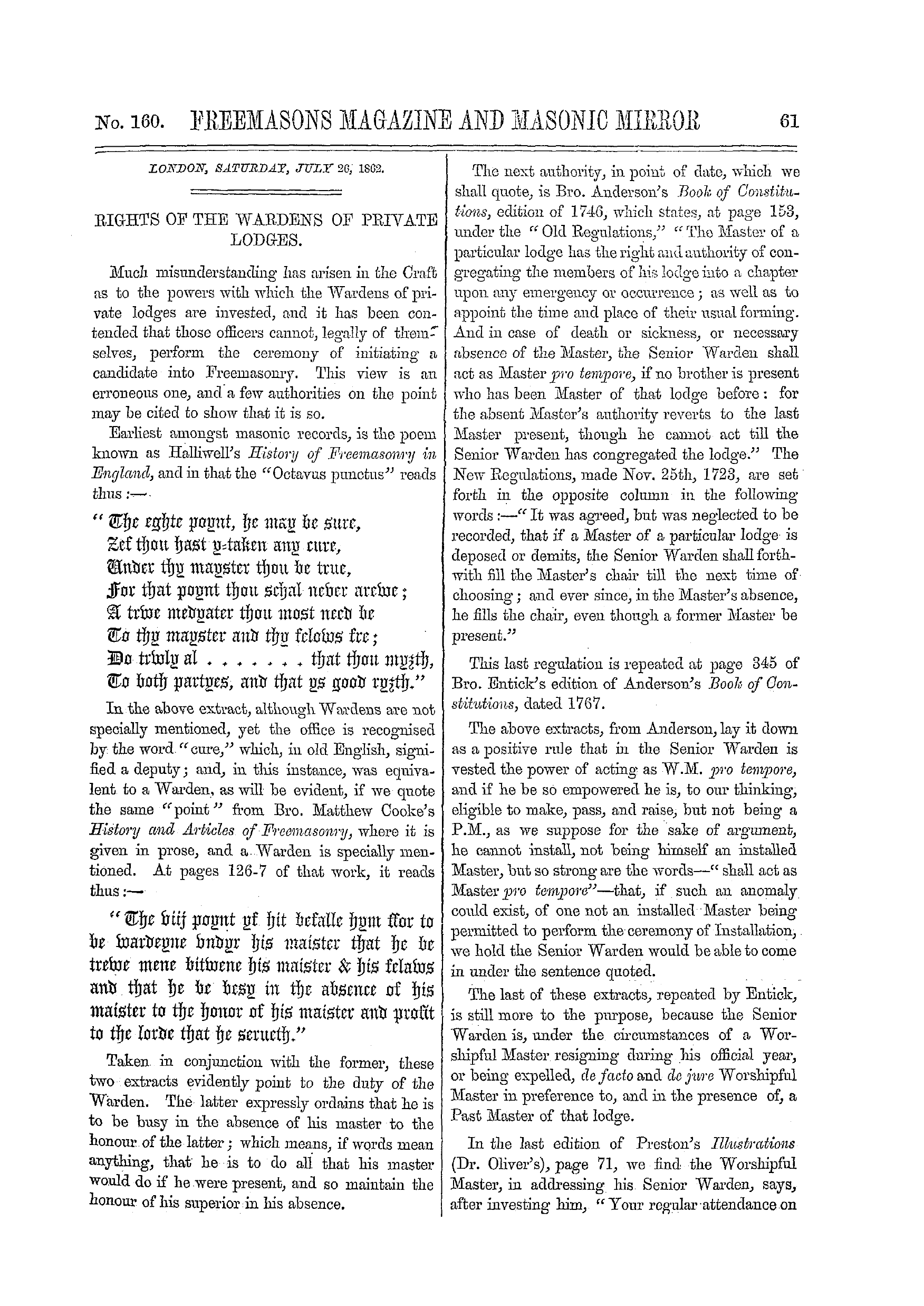 The Freemasons' Monthly Magazine