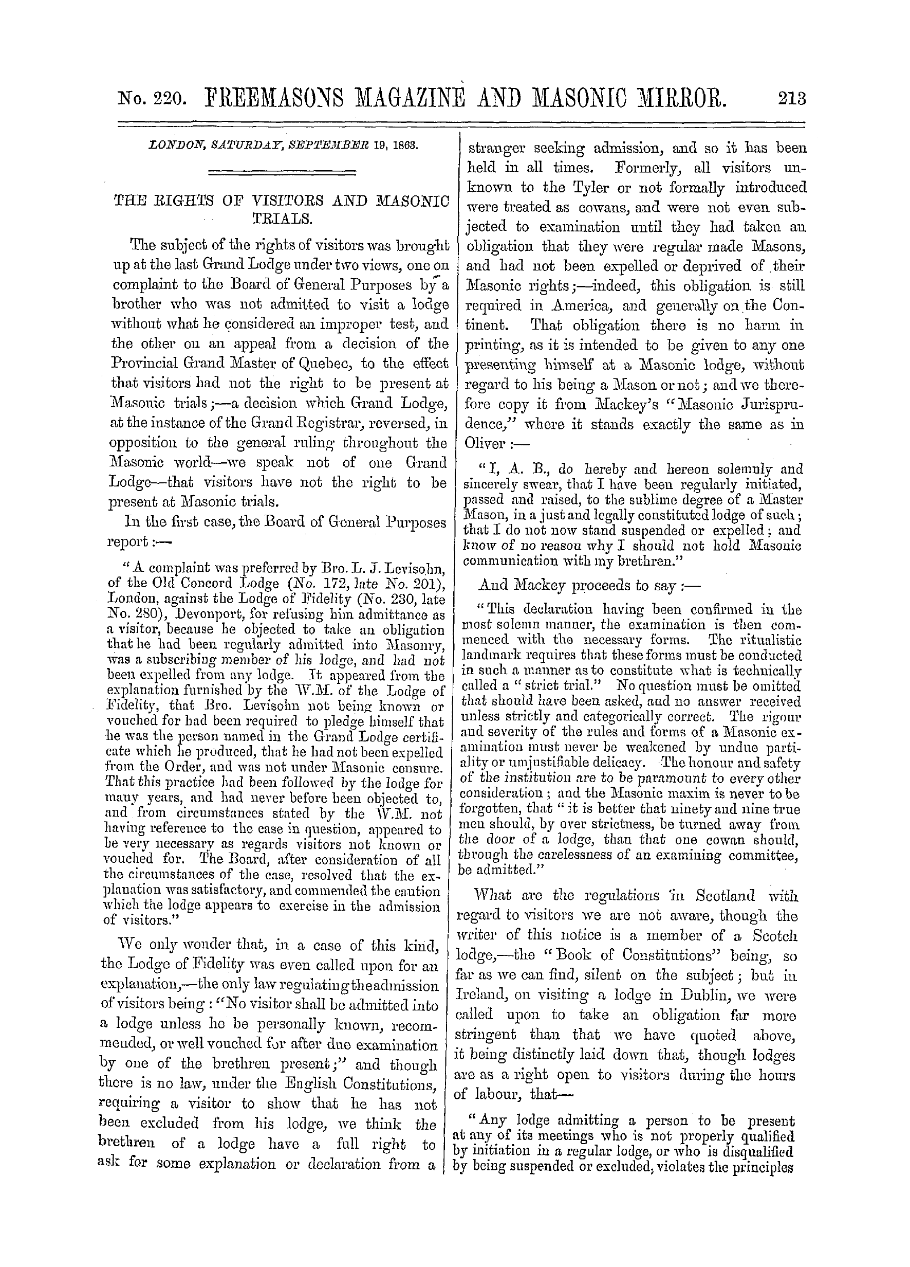 The Freemasons' Monthly Magazine