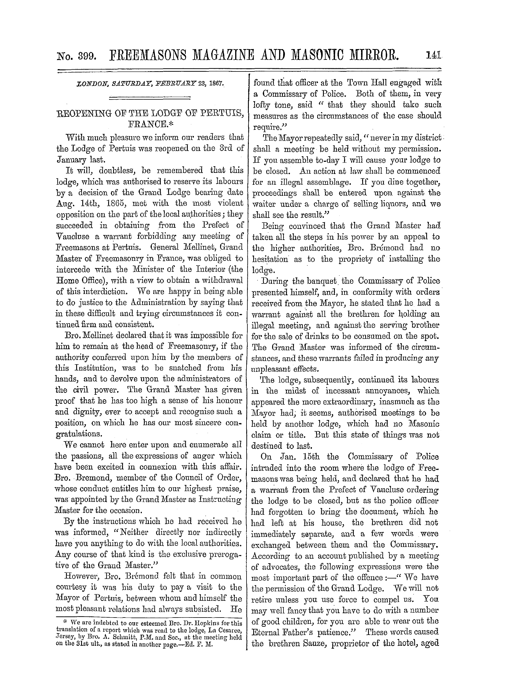 The Freemasons' Monthly Magazine